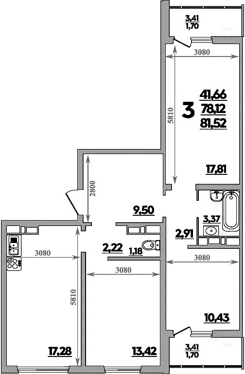 3-комн., 78.12 м², 7/9 этаж, ЖК «Романовский»