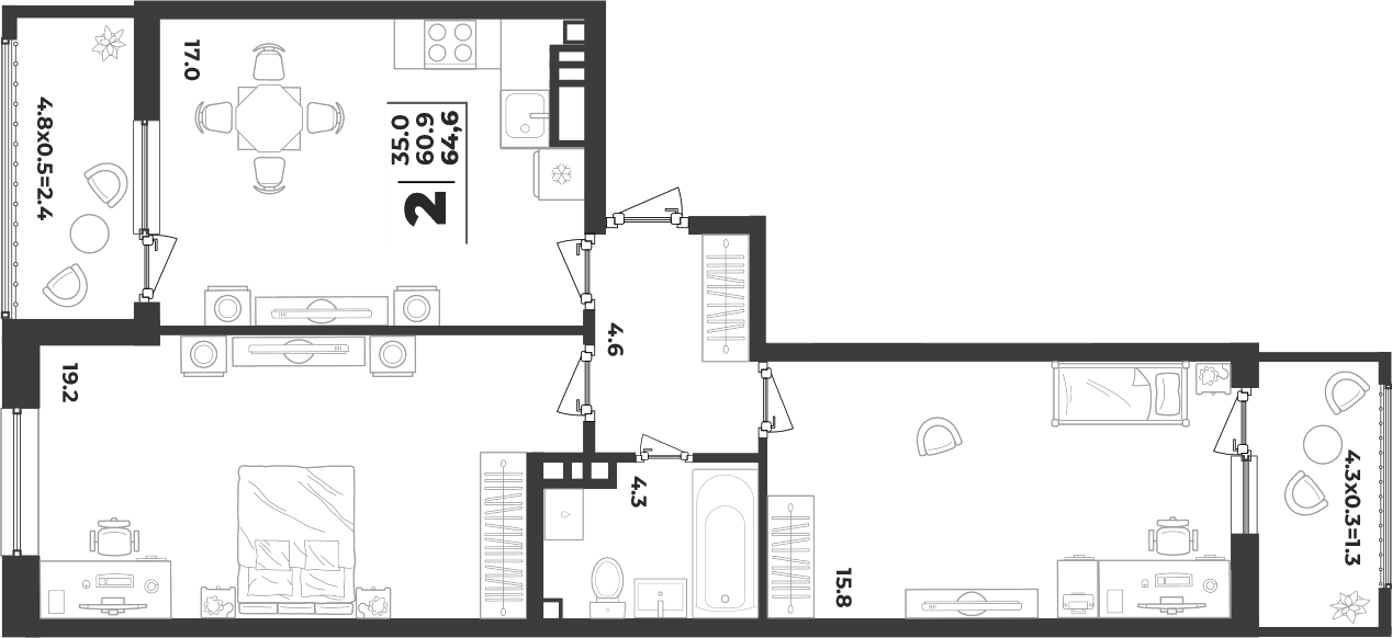 2-комн., 60.9 м², 2/9 этаж, ЖК «Лето»