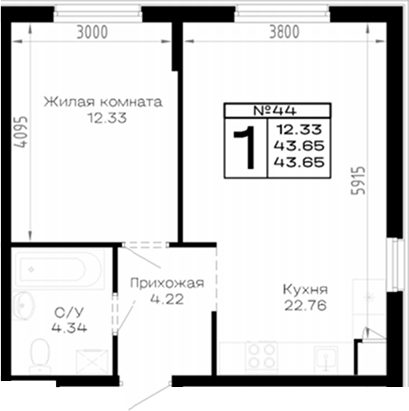 Продается 1-комн. квартира, 43.65 м²