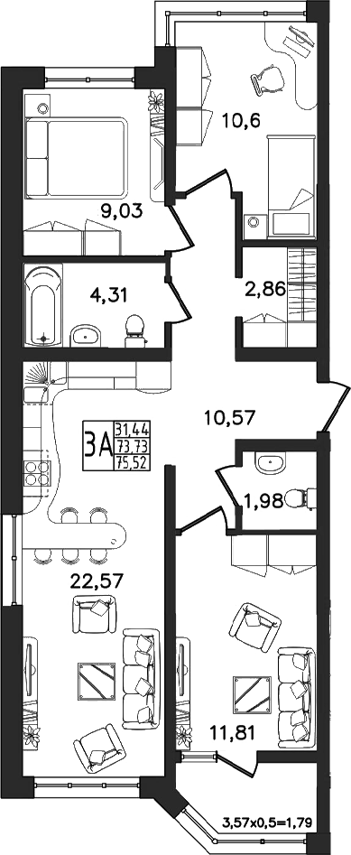 4+ комнаты, 73.73 м², 11/14 этаж, ЖК «Яблоневый»