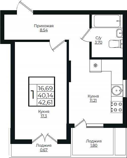 1-комн., 40.14 м², 8/10 этаж, ЖК «Европа-Сити»