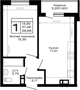 1-комн., 37.28 м², 15/16 этаж, ЖК «Горные высоты»