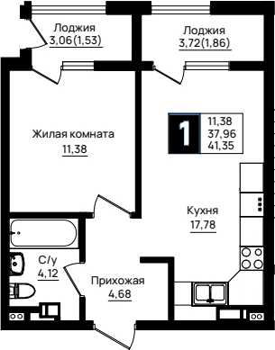1-комн., 37.96 м², 6/9 этаж, ЖК «Резиденция морей»