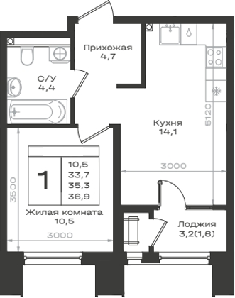 1-комн., 33.7 м², 2/12 этаж, ЖК «Нагория»