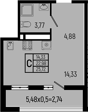 Студия, 22.98 м², 6/9 этаж, ЖК «Ботаника Хиллс»