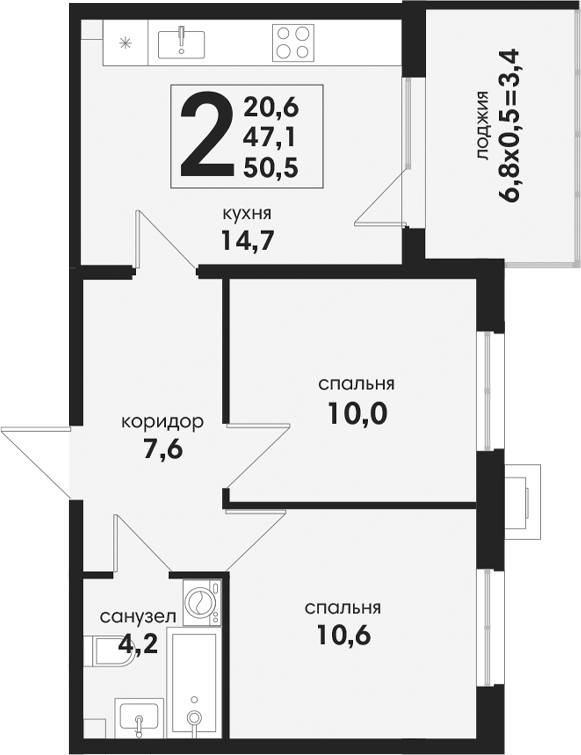 2-комн., 47.1 м², 1/4 этаж, ЖК «Новая Елизаветка»