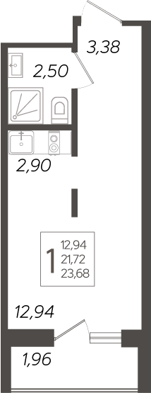 Студия, 21.72 м², 2/19 этаж, ЖК «Кислород»