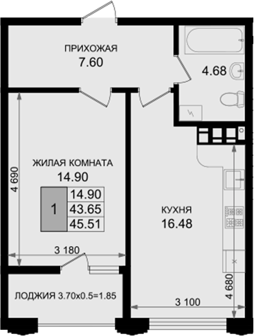 1-комн., 43.66 м², 3/8 этаж, ЖК «Резиденция морей»