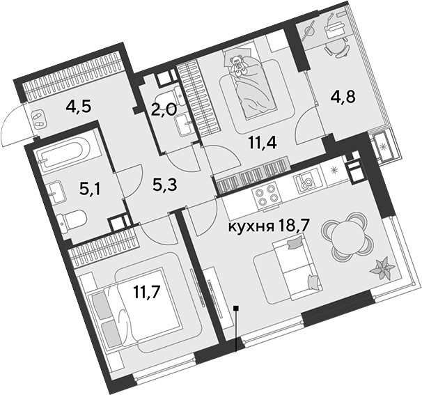 3-комн., 58.7 м², 5/18 этаж, ЖК «Парк Победы»