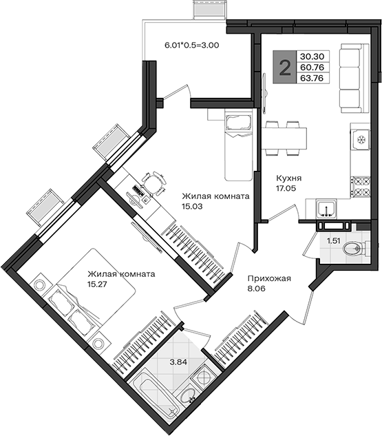 2-комн., 60.76 м², 7/8 этаж, ЖК «МОНО квартал»