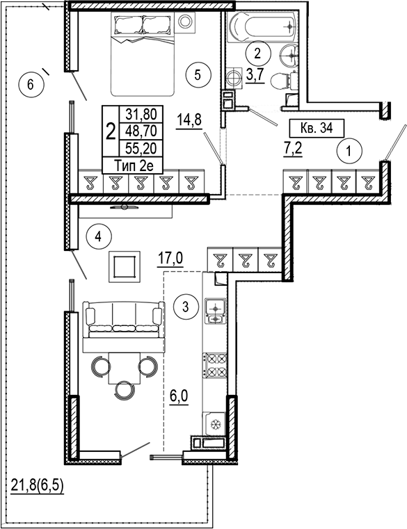 1-комн., 48.7 м², 5/7 этаж, ЖК «Аnapolis Residence»