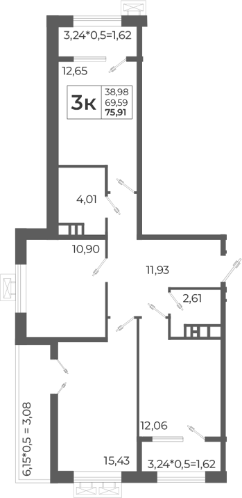 3-комн., 74.19 м², 5/8 этаж, ЖК «Высочество»