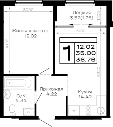 1-комн., 35 м², 3/4 этаж, ЖК «Усадьба Гостагаевская»