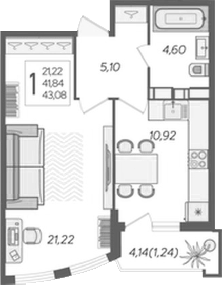 1-комн., 40.76 м², 3/20 этаж, ЖК «Альфа. АСК»