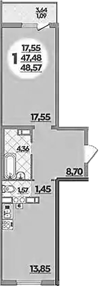 1-комн., 47.48 м², 1/5 этаж, ЖК «Тихорецк»