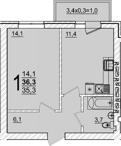 Продается 1-комн. квартира, 35.3 м²