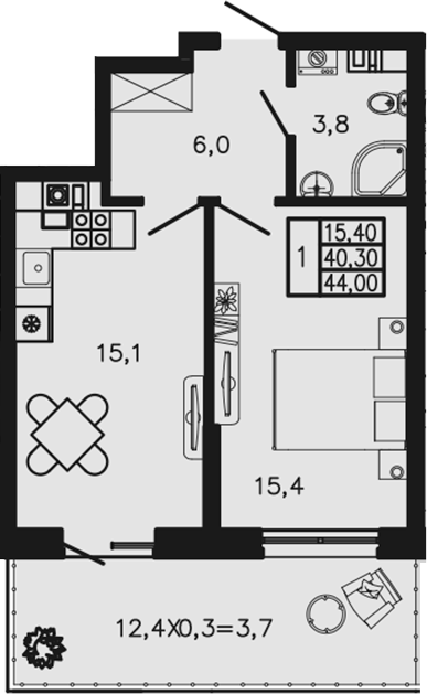 1-комн., 40.3 м², 1/4 этаж, ЖК «Экосфера»