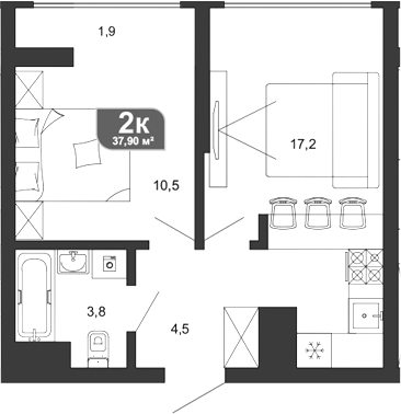 2-комн., 35.5 м², 19/19 этаж, ЖК «Сочи Парк»