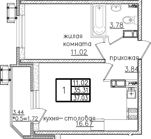2-комн., 35.31 м², 13/23 этаж, ЖК «Урал»
