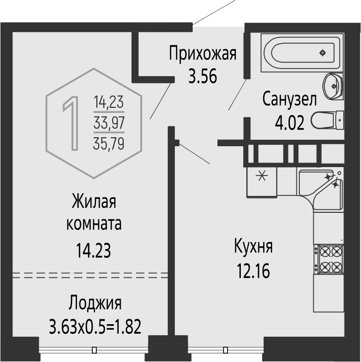 1-комн., 33.97 м², 24/24 этаж, ЖК «Гарантия PRIME»
