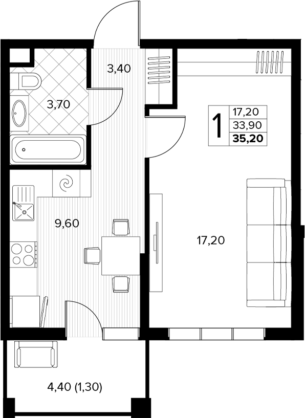 1-комн., 33.9 м², 6/8 этаж, ЖК «Кипарис»