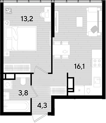 1-комн., 36.1 м², 16/16 этаж, ЖК «DОГМА ПАРК»