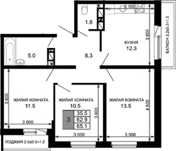 3-комн., 62.9 м², 14/16 этаж, ЖК «Дыхание»