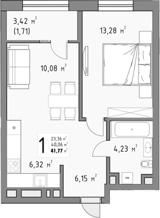 1-комн., 40.06 м², 6/9 этаж, ЖК «Коллекция»