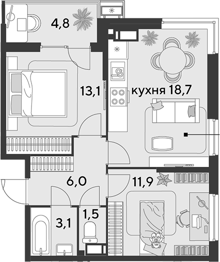 3-комн., 54.3 м², 12/18 этаж, ЖК «Парк Победы»