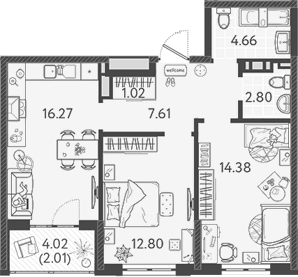 3-комн., 59.54 м², 9/9 этаж, ЖК «Друзья»