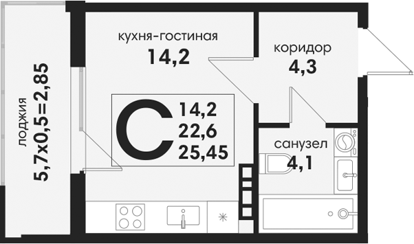 Студия, 22.6 м², 4/4 этаж, ЖК «Новая Елизаветка»