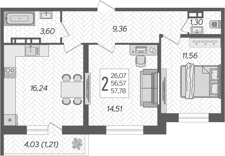 3-комн., 56.57 м², 2/12 этаж, ЖК «Смородина»