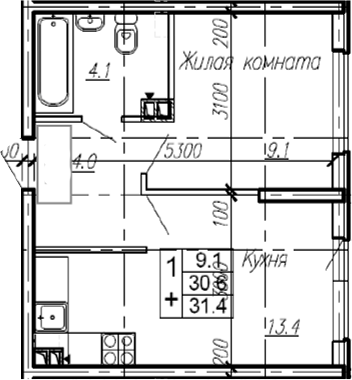 1-комн., 30.6 м², 4/4 этаж, ЖК «Эво»