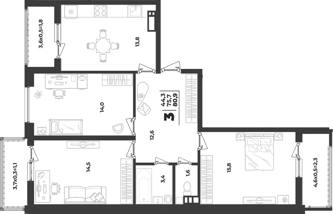 3-комн., 75.7 м², 5/9 этаж, ЖК «Лето»