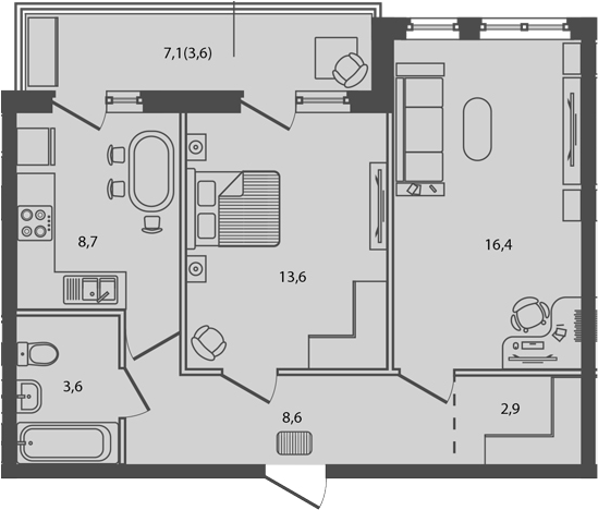 2-комн., 53.8 м², 4/9 этаж, ЖК «Сиреневый бульвар»