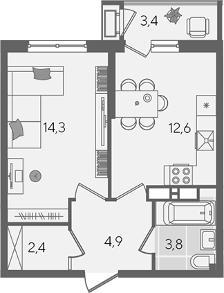 1-комн., 38 м², 13/24 этаж, ЖК «Рекорд»