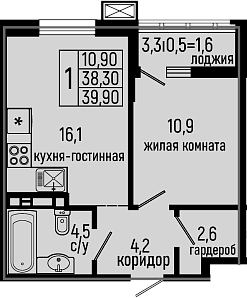 1-комн., 38.3 м², 8/11 этаж, ЖК «Звезды»
