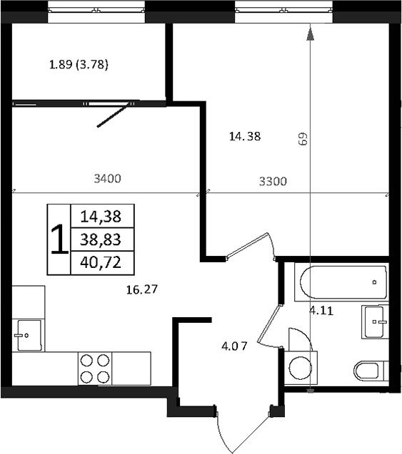 2-комн., 38.83 м², 15/16 этаж, ЖК «Патрики»