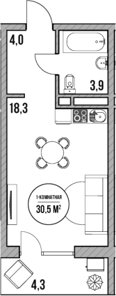 Студия, 26.2 м², 3/5 этаж, ЖК «МореТут»