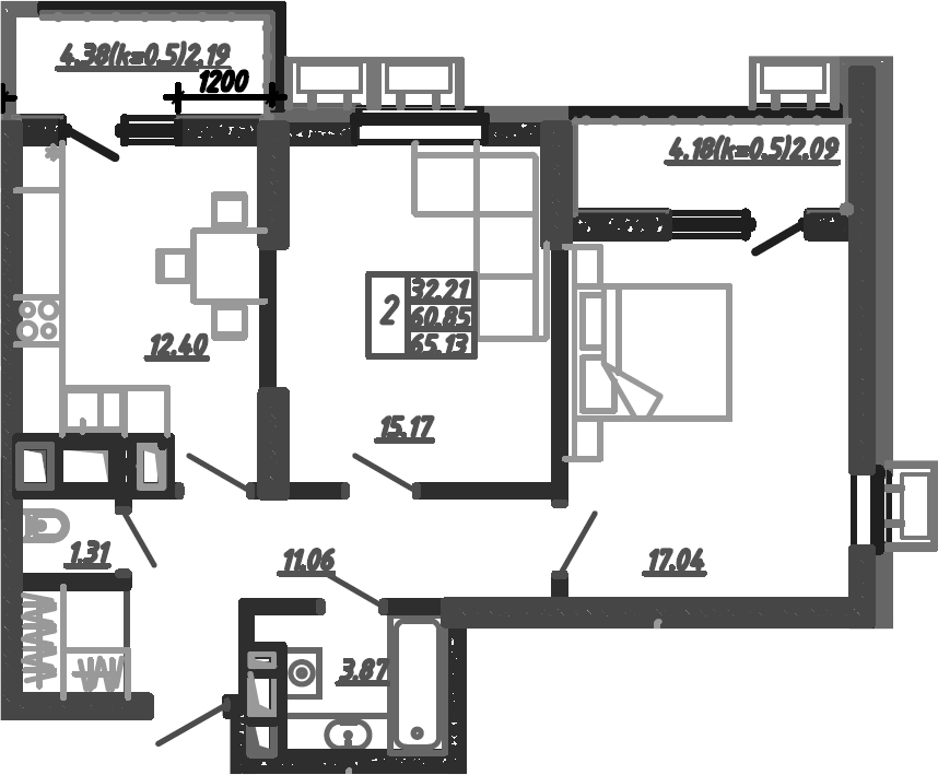 2-комн., 60.85 м², 3/24 этаж, ЖК «Родные Просторы»
