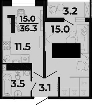 1-комн., 33.1 м², 6/8 этаж, ЖК «Горячий»