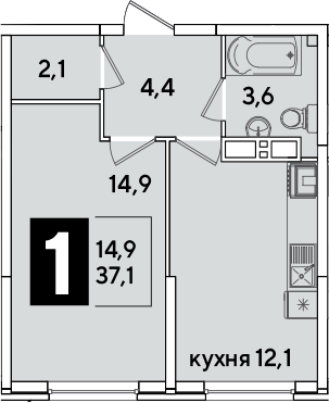 1-комн., 37.1 м², 10/16 этаж, ЖК «Самолет»
