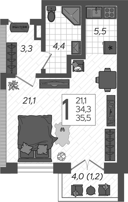 Студия, 36.1 м², 12/12 этаж, ЖК «Летний»