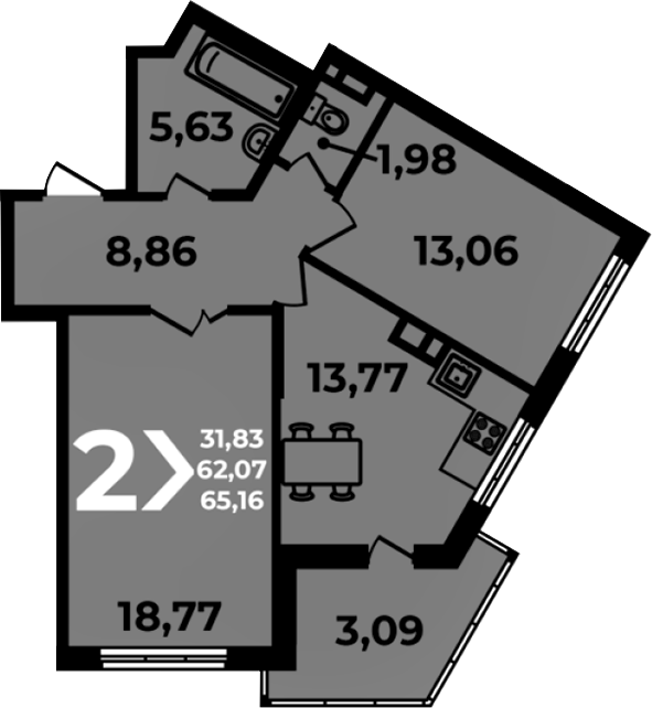 2-комн., 62.07 м², 9/19 этаж, ЖК «Аксиома»