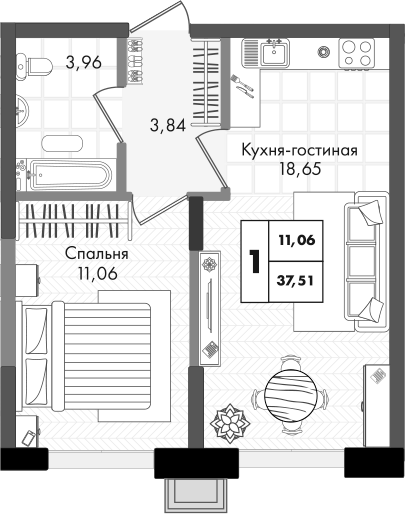 2-комн., 37.51 м², 3/9 этаж, ЖК «Зеленая территория»