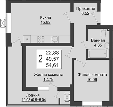 3-комн., 49.57 м², 1/16 этаж, ЖК «Зеленый театр»