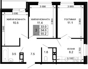 3-комн., 54 м², 12/16 этаж, ЖК «Дыхание»