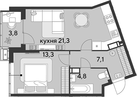 2-комн., 46.5 м², 17/18 этаж, ЖК «Парк Победы»