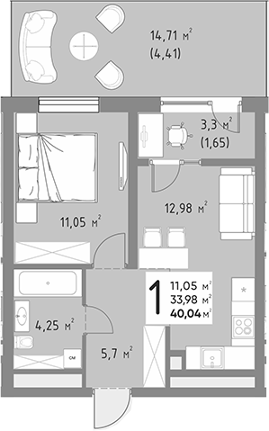 1-комн., 33.98 м², 3/9 этаж, ЖК «Коллекция»