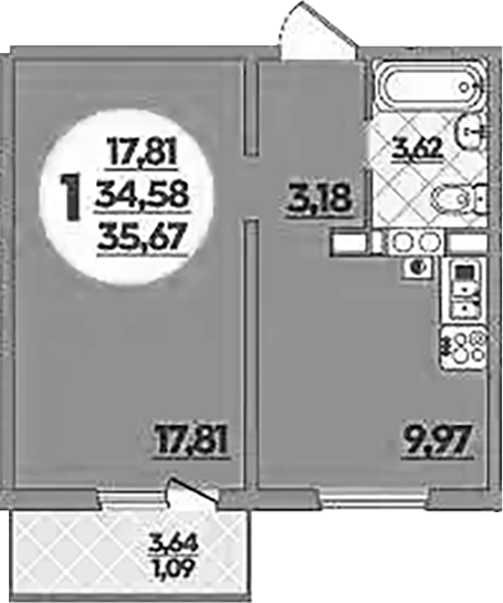1-комн., 34.58 м², 3/5 этаж, ЖК «Тихорецк»